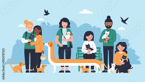 Group of diverse people stand together in a public park proudly showing off their pet dogs, cats, and chirping birds.