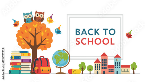 Back to school illustration featuring an autumn tree with owls, a globe, school bag, and a stack of colorful books.