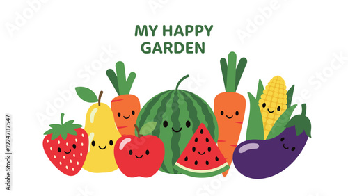 Assorted group of cute and happy cartoon fruits and vegetables with smiling faces in a vibrant garden collection.