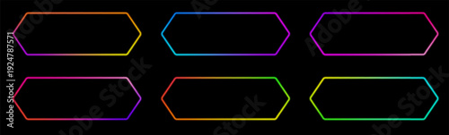 Glowing flattened hexagon tag with luminous border and smooth gradient light. Perfect for neon action call graphics, shop buttons, casino banners and modern interface templates.