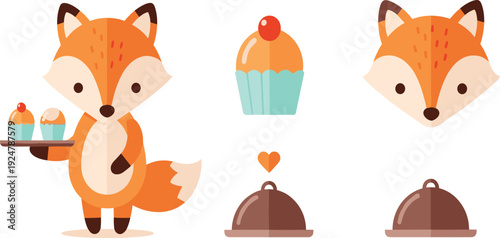 Cute Fox Baker Character Vector Set with Little Fox Holding Cupcakes and Bakery Icons Isolated on White Background