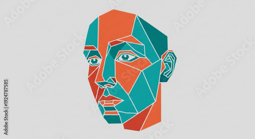 Geometric polygonal illustration of a man's face in teal and orange hues on gray background