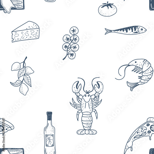Playful seamless pattern with Italian breakfast food, fruit, coffee elements and hand drawn vintage doodles.