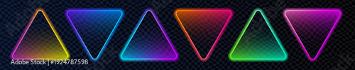 Stylish triangular neon button with radiant stroke and subtle shadow effect. Ideal for neon action call signs, promo banners, mobile app interface and digital web elements.