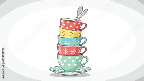 Stack of five colorful tea cups with various patterns and silver spoons placed inside the top cup on a dotted saucer.