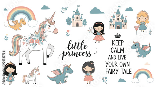 Large set of fairytale elements featuring a little princess, white unicorn, dragons, castles, and colorful rainbows.
