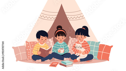 Three children sitting comfortably in a fabric teepee tent reading books and drinking hot cocoa with their pet cat.