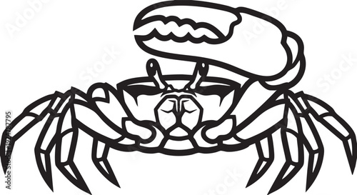 A detailed outline illustration of a crab with intricate lines, showcasing the creature's claw in a poised stance.