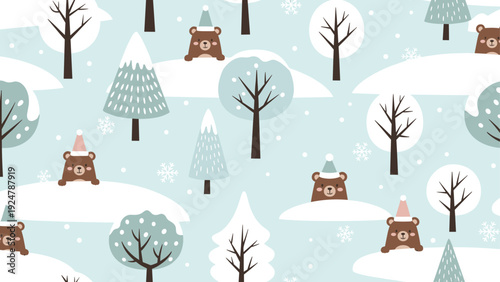 Seamless winter pattern featuring cute bear heads peeking out from snow hills among various snowy trees and flakes.