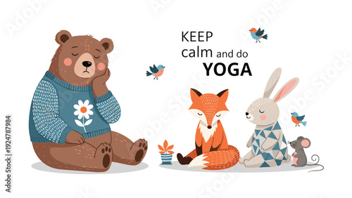 Peaceful bear, fox, and rabbit sitting together and practicing meditation or yoga in a calm and quiet environment.