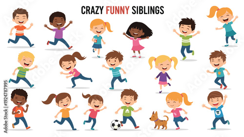 Large collection of happy and active children of different backgrounds running, jumping, and playing sports together.