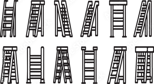 A collection of various ladder designs and styles in a simple black and white illustration Vector
