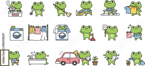 Green Frog Character Household Chores Vector Icon Set with Cleaning Cooking Laundry and Gardening Activities
