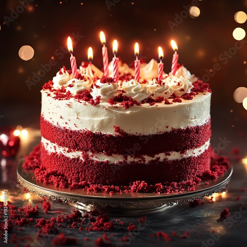 Wallpaper Mural Beautiful Red Velvet Cake with Candle Lights and Bokeh Background Torontodigital.ca