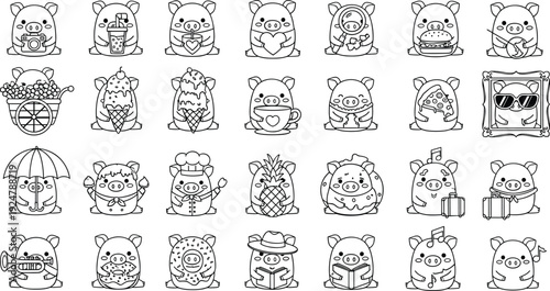 Little Piggy Character Line Art Icon Set Featuring Various Activities Food and Travel Symbols for Coloring and Design