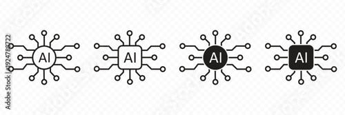Artificial Intelligence Icon Set Featuring AI Processor Chips and Digital Brain Circuits for Machine Learning Technology Neural Networks Data Science and Future Computing Graphics