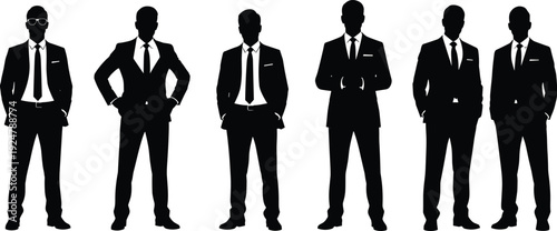 Black silhouettes of six professional businessmen standing in formal suits isolated on a white background for corporate vector illustration design.