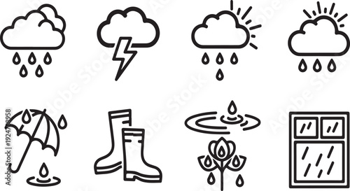 Weather icons showing various conditions and appropriate attire and accessories Vector