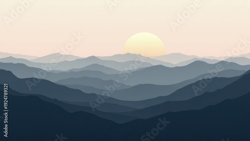 A serene sunset over a vast mountain range with rolling hills and valleys