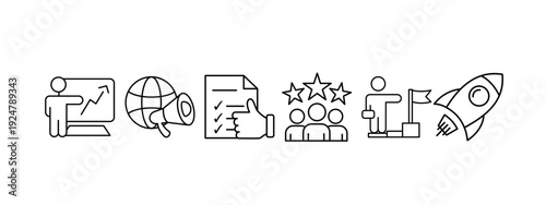 Thin line finance icon pack of 6 business elements. Clean vector design.