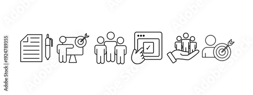 Professional outline corporate icon set featuring 6 finance concepts. Vector artwork.
