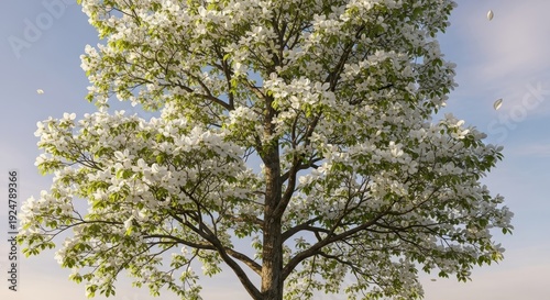 Majestic tree in full bloom against a bright sky.