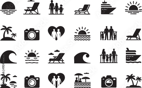 Collection of simple vector icons representing vacation and travel themes.