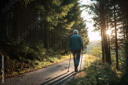 Man walks on forest path during late afternoon near sunlight among trees and plants