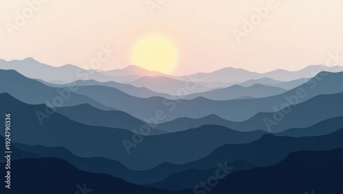 Majestic mountain range at sunset with a soft, warm glow illuminating the peaks.