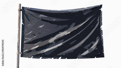 Worn black flag on a pole flat design illustration with tattered fabric and gray pole on white background symbolizing protest or mourning