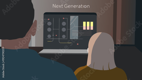 Flat illustration of two people viewing next generation digital interface on laptop screen with futuristic graphics and charts