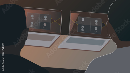 Two people viewing holographic digital screens with futuristic interface in a dark room