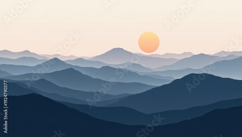 A serene landscape of mountains with a radiant sun setting on the horizon.
