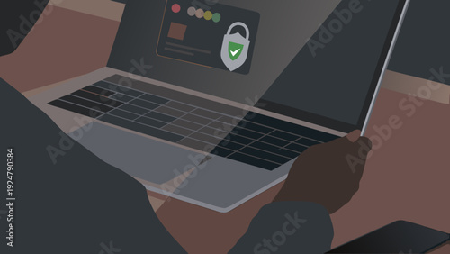 Online payment confirmation on laptop secure transaction with lock icon e commerce success