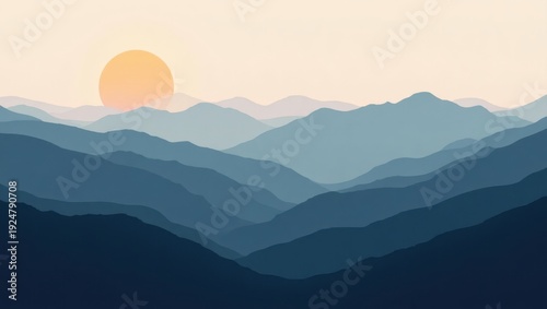 Majestic mountains at sunrise with a vibrant orange sky and rolling hills in the distance
