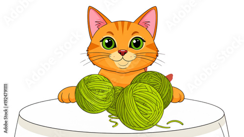 Happy orange tabby cat playing with yarn balls cute cartoon pet vector illustration design