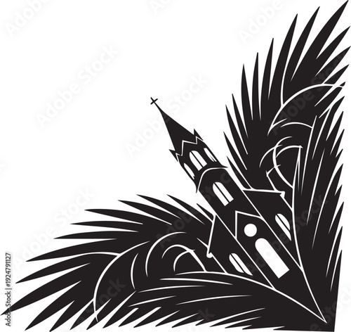 Church building silhouette vector illustration line art with palm leaves corner decoration