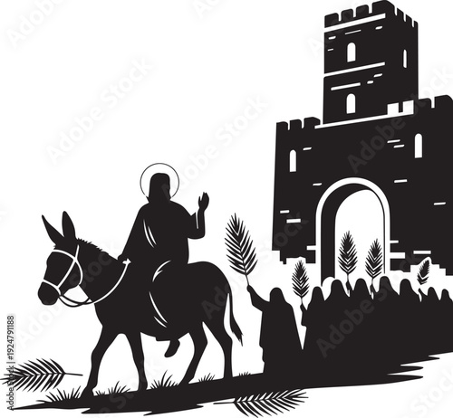 Jesus christ riding donkey on palm sunday entry into jerusalem vector silhouette illustration line art
