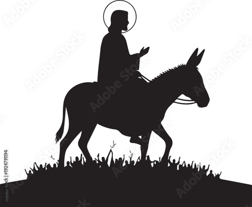 Jesus silhouette riding donkey for palm sunday illustration with people cheering vector art