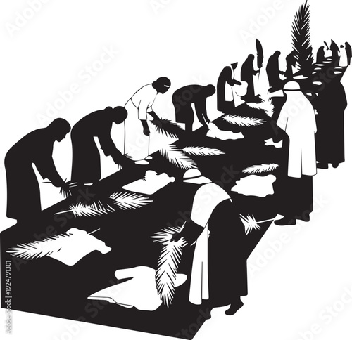 People gathering palm branches silhouette vector illustration line art for religious event