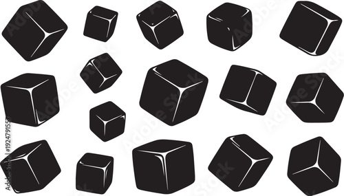 Collection of black cubes in various sizes and orientations