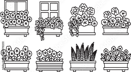 A collection of various planters filled with different types of plants and flowers. Vector