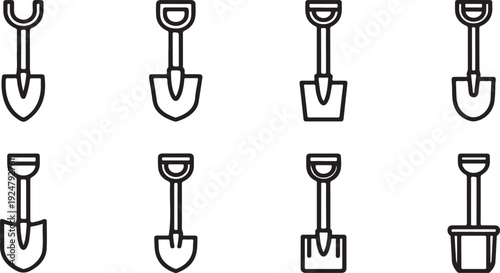 A collection of various types of shovels and spades for digging and gardening. Vector