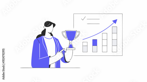 Business success concept showing professional holding trophy and presenting growth chart with increasing graph