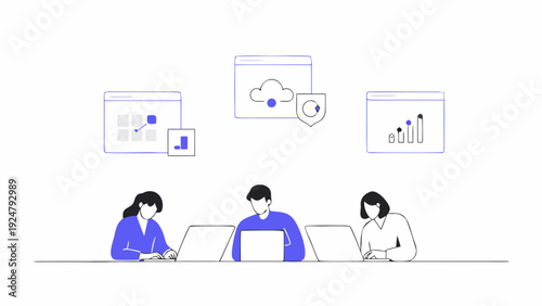 Remote team collaboration illustration with people working on laptops and cloud computing graphics