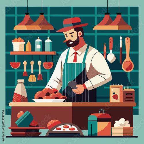 Butcher Cutting Meat on Counter Traditional Meat Shop Vector Illustration