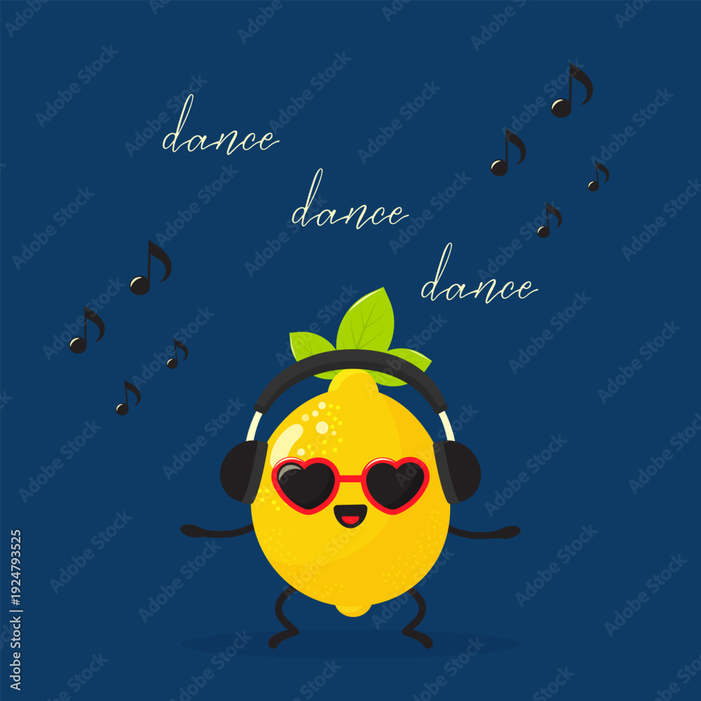 Naklejka premium Cute lemon character in headphones and sunglasses dancing vector illustration.