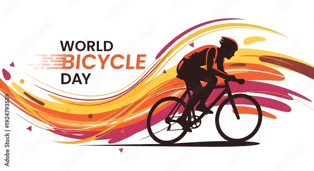 Fototapeta premium Dynamic cycling abstract background with speed lines and cyclist silhouette for world bicycle day celebrating fast paced athletic performance and passion for road racing sport activities