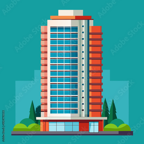 Modern Apartment Tower Building Flat Vector Illustration