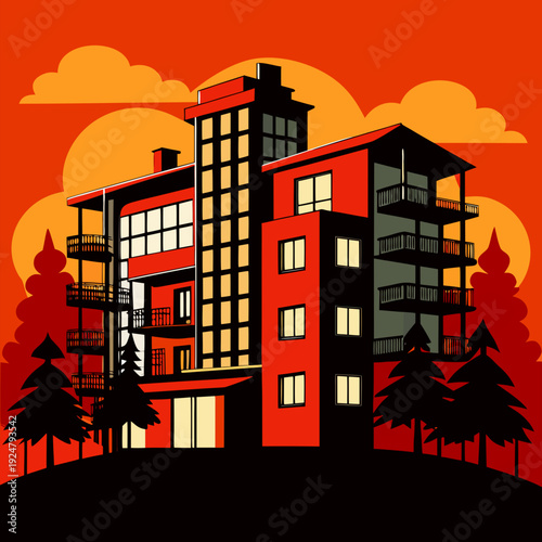 Modern Residential Apartment Complex at Sunset Vector Illustration